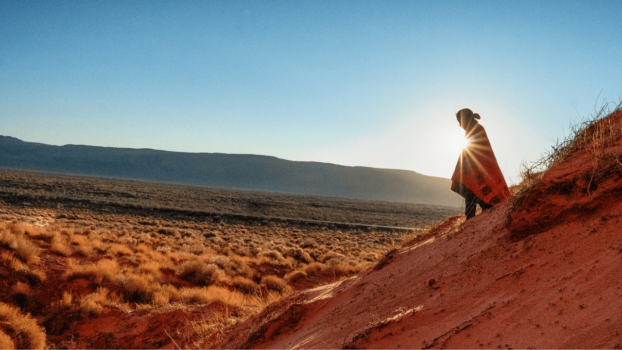 Person standing on the side of a hill near the horizon with mountains in the background