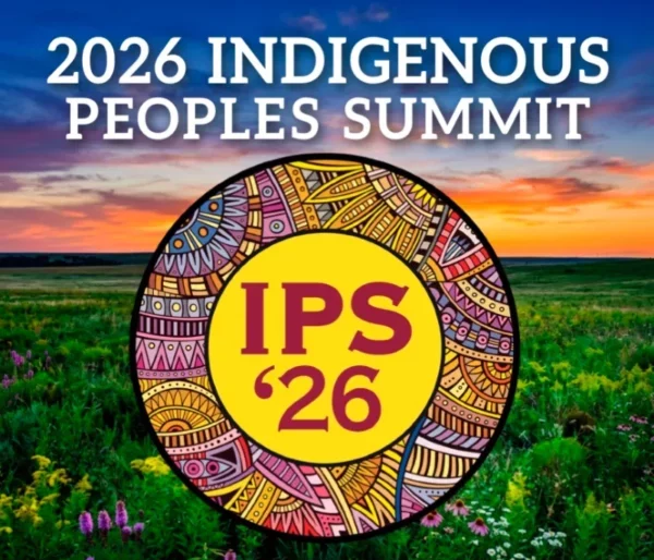 large green meadow with flowers at sunset as background with text for 2026 Indigenous Peoples Summit and IPS 26 logo.
